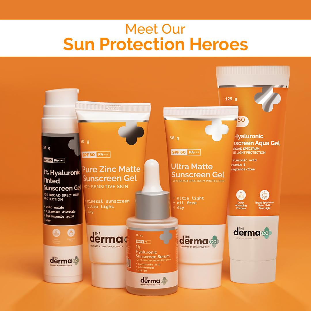 The Derma Co 1% Hyaluronic Sunscreen Aqua Gel SPF 50 PA++++ I For Oily, Dry, Acne-prone Skin | Ultra Lightweight Texture I Non-Greasy I No White Cast | Broad Spectrum Protection & Blue Light Protection | For Men & Women | 125 g