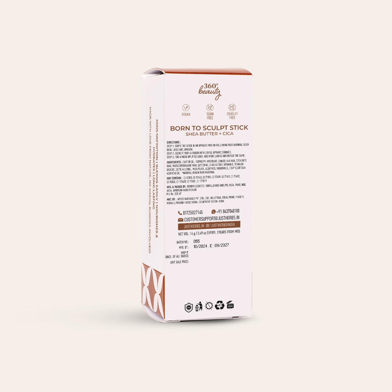 Just Herbs Super Hydrating Born To Sculpt Long Stay Bronzer Stick Infused with Shea Butter | Richly Pigmented | Defines and Uplift Appearance | Matte Finish | All Skin Types for Women 14g (Mocha)