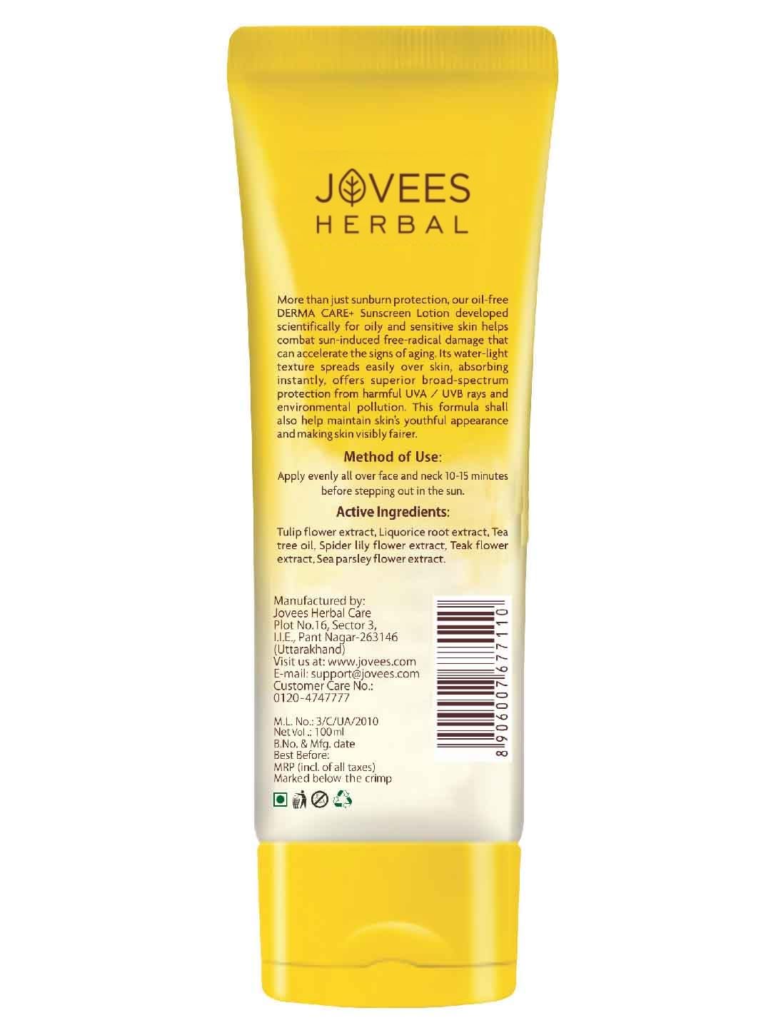 Jovees Herbal Sun Derma Care Lotion SPF 50 PA+++ Broad Spectrum, UVA/UVB Protection | Oil Free, Quick Absorption & Lightweight | For oily and sensitive skin 100ml