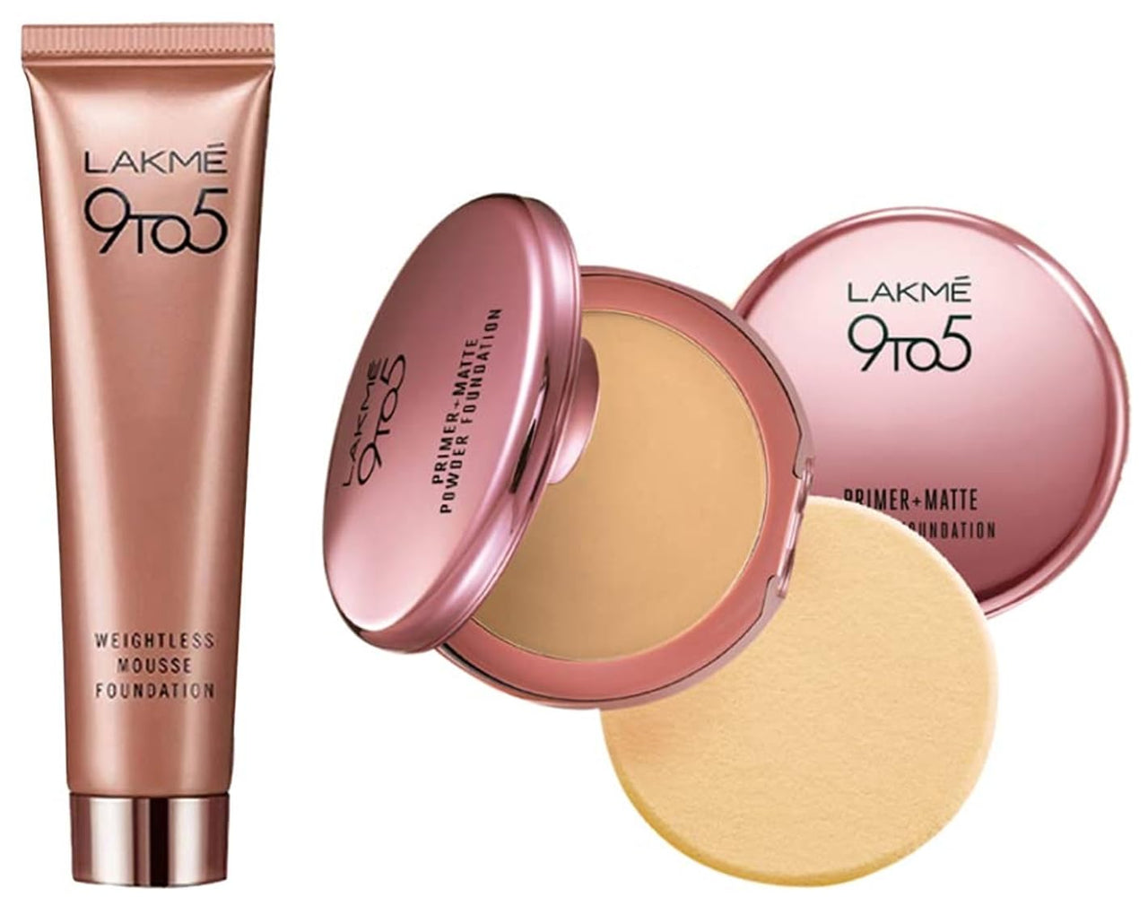Lakmé 9 To 5 Weightless Mousse Foundation for All Skin Type, Rose Ivory, 25G And 9 To 5 Primer With Matte Powder Foundation Full coverage for All Skin Type Compact, Ivory Cream, 9G