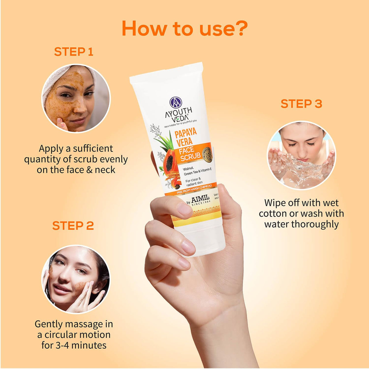 Ayouthveda Papaya Vera Face Scrub with Walnut, Green Tea & Vitamin E | Gently Exfoliates, Unclogs Pores & Brightens Skin | Suitable for Dry to Normal Skin Types| 100g