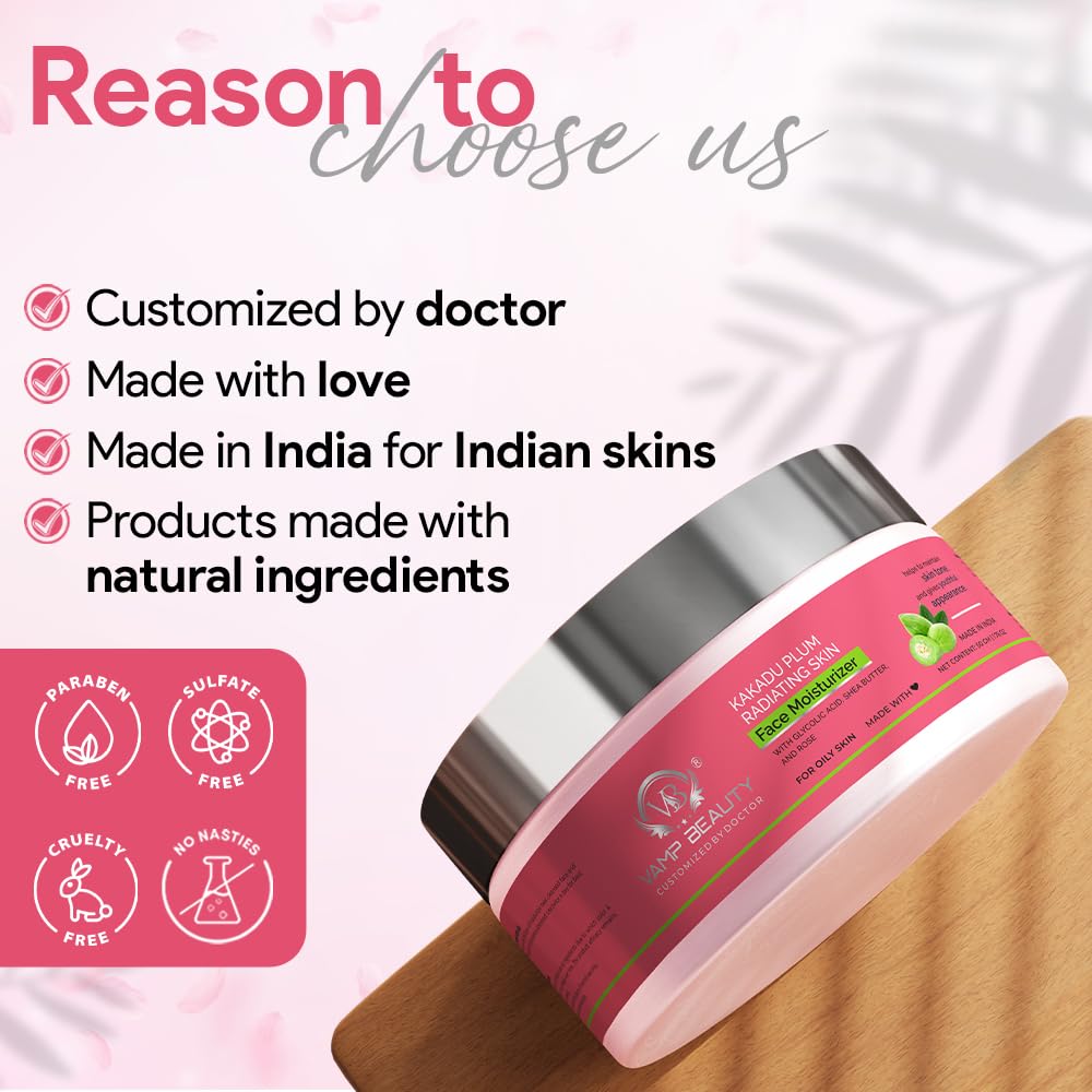 Vamp Beauty Face Gel Moisturizer | For Oily & Acne-Prone Skin | With Kakadu Plum, Glycolic Acid, Shea Butter & Rose | Lightweight & Non-Sticky | Brightens & Controls Oil | 50g