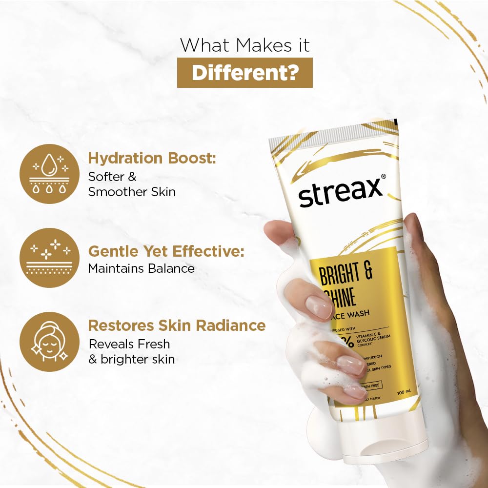 Streax Skin Bright & Shine Face wash cleanser, 100 ml| 4% Vitamin C & Glycolic Serum Complex| Face wash for man & woman| Vitamin C face wash|SLES & Paraben Free| All skin types
