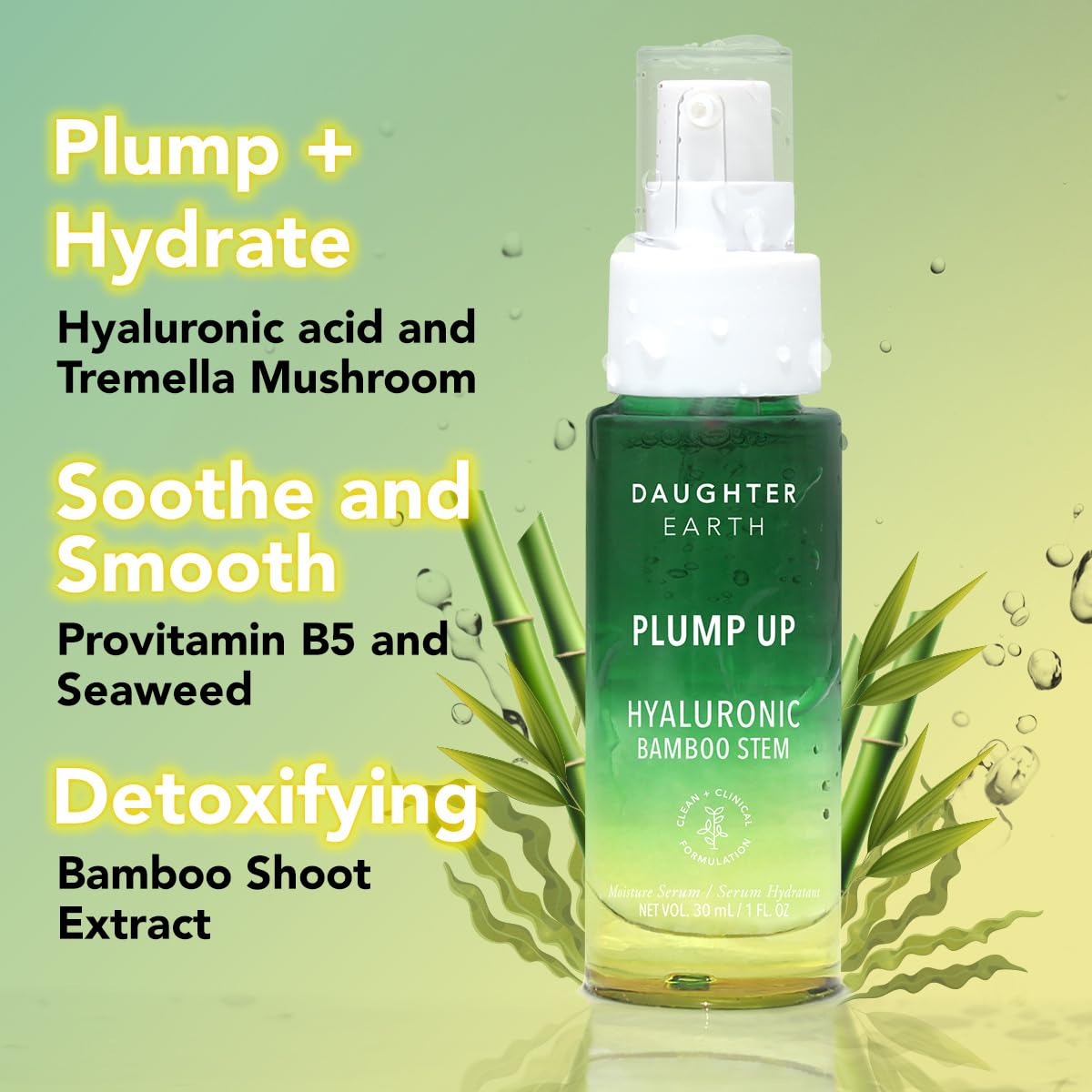 DAUGHTER EARTH Hyaluronic Acid Serum For Face | Plump Up Enriched With Multi-Molecular Hyaluronic Acid, Tremella Mushroom, Bamboo Shoots, Seaweed & Provitamin B5 | Get Hydrated & Youthful Skin - 30ml