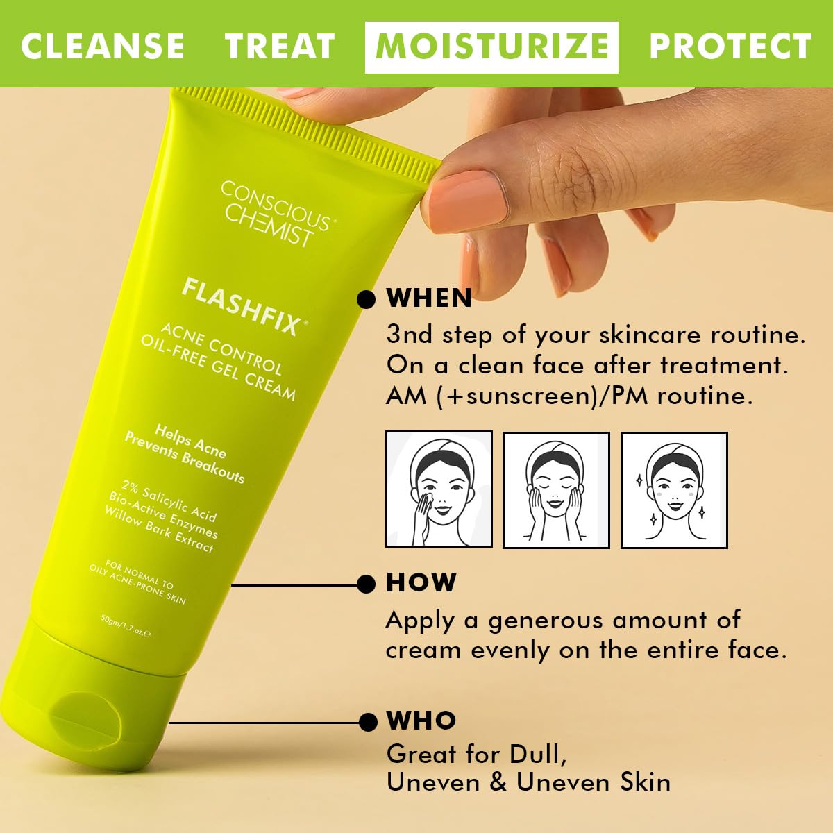 Conscious Chemist® 2% Salicylic Acid Cream | 50g | Acne Spot Corrector | Moisturizer for Oily Acne Prone Skin, Face Cream for Men & Women, Overnight Acne & Oil Control, Itchiness & Redness, Non greasy Gel Cream - Flashfix