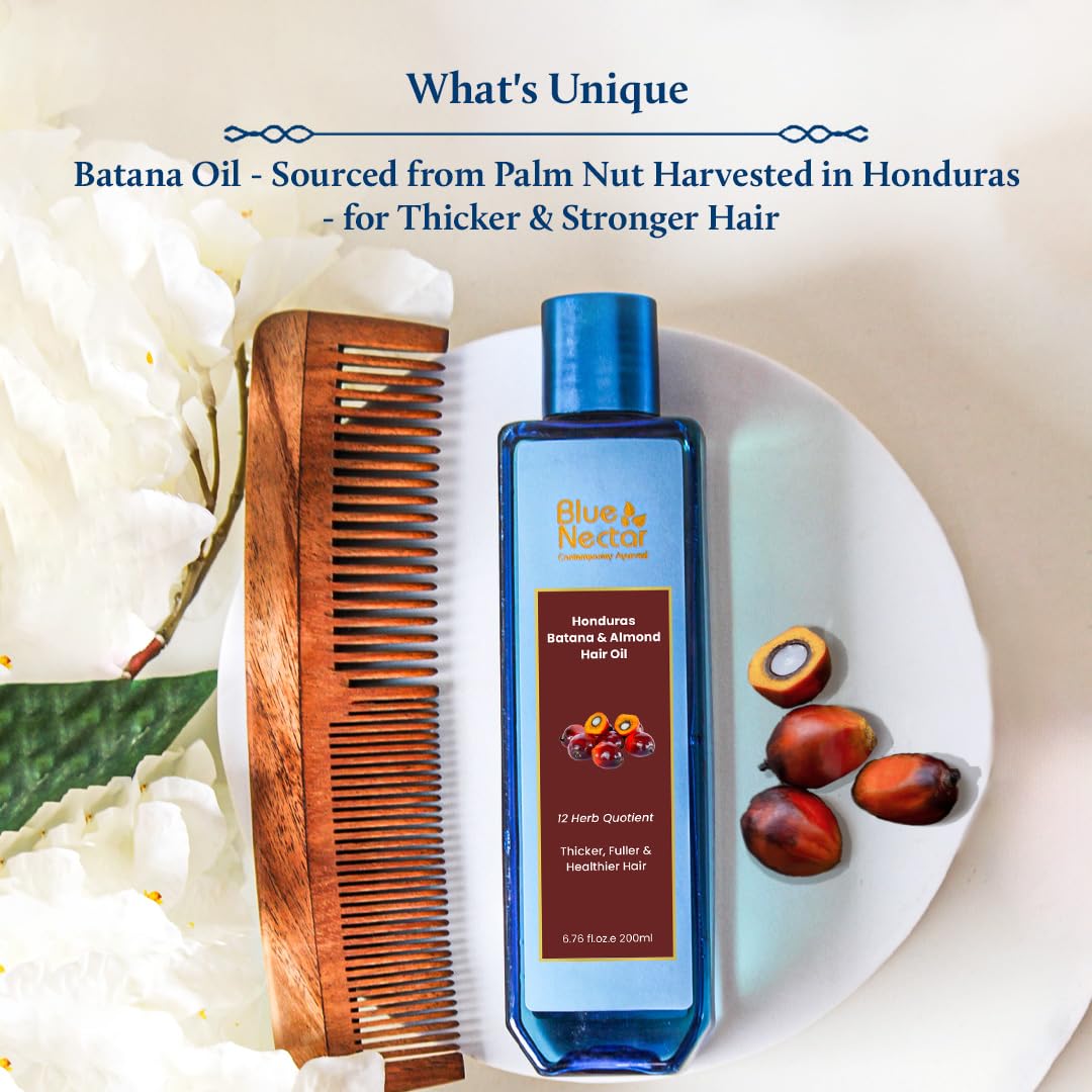 Blue Nectar Batana Oil for Thicker Hair | Pure Honduras Batana Oil for Hair Growth with Organic Almond Oil | Ayurvedic Hair Growth Oil for Stronger Hair (12 Herbs, 200 ml)