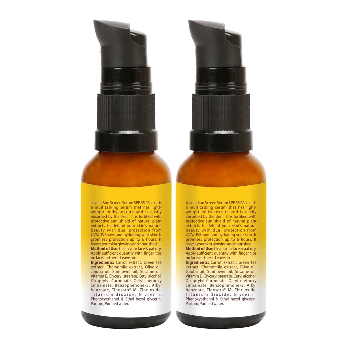 Jovees Sunscreen Face Serum SPF 65 PA+++ Broad spectrum Sun protection with Green tea, Carrot and Sunflower extract | Lightweight & Oil Free | For Oily & Acne Prone Skin 30ml Pack of 2