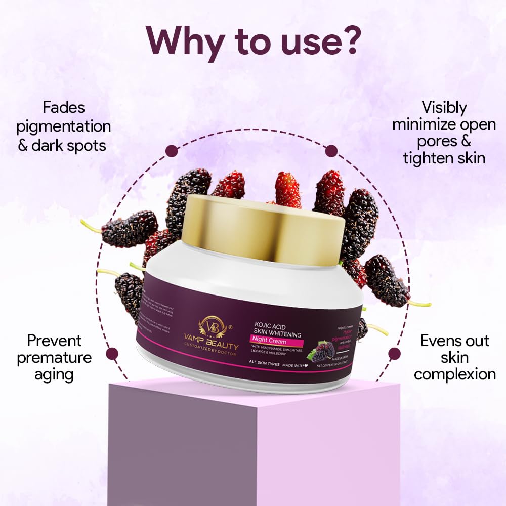 Vamp Beauty Kojic Acid Skin Brightining Night Cream | For Improving Skin Shade | Helps with Hyperpigmentation, Dark Spots | Enriched with Niacinamide, Mulberry & Licorice; For All Skin Types