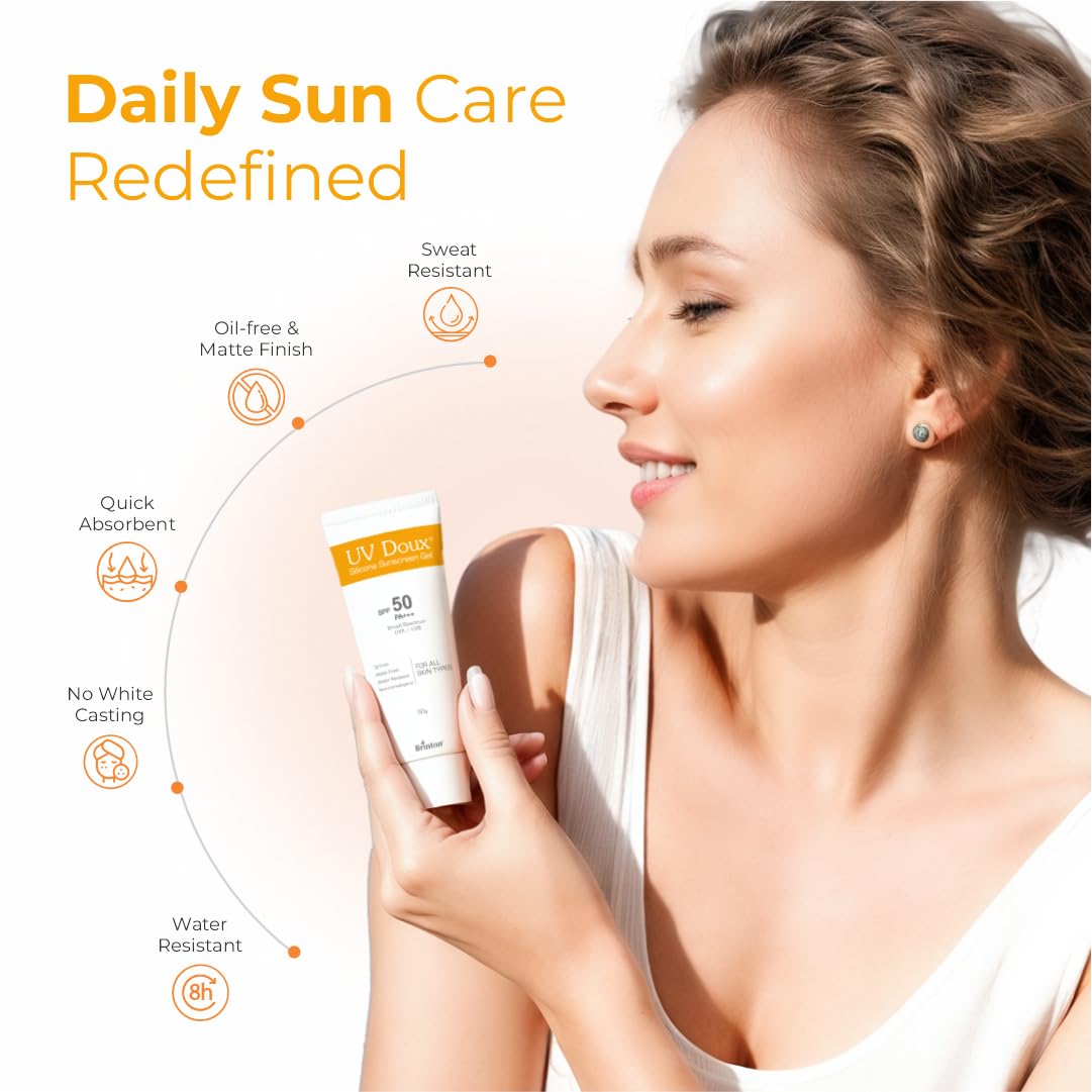 Brinton UV Doux Silicone Sunscreen Gel with SPF 50&PA+++ Broad Spectrum for Face & Body with No White Cast|Non Comedogenic,Paraben Free,Water Resistant|Clinically Proven & Dermatologist Approved,50gm