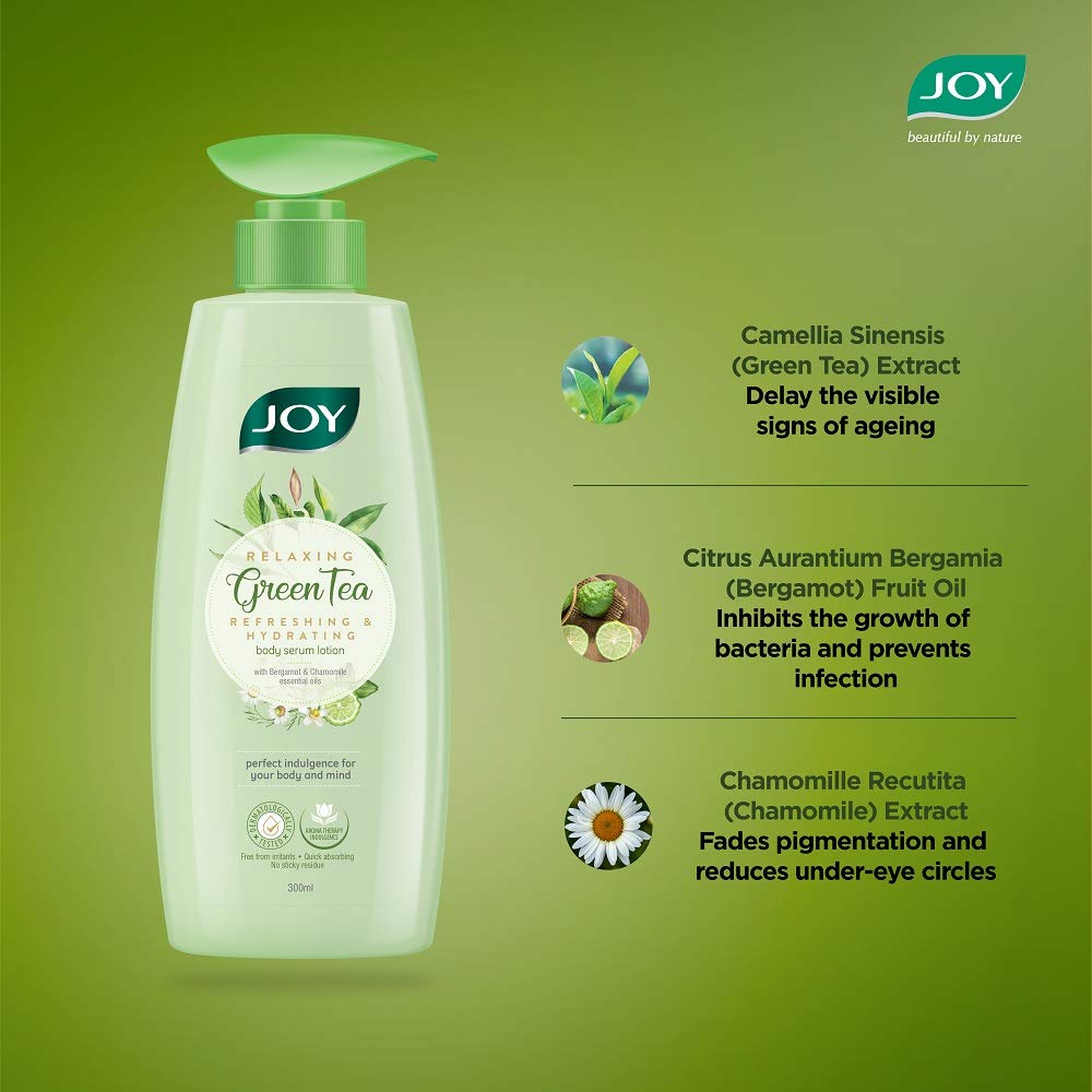 Joy Relaxing Green Tea Body Serum Lotion | Refreshing & Hydrating With Bergamot & Chamomile Essential Oil | Quick Absorbing & Skin Glowing | Body Serum Lotion for All Skin Types | 300 ml