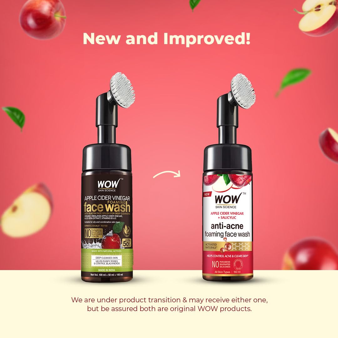 WOW Skin Science Apple Cider Vinegar Foaming Face Wash - No Parabens, Sulphate & Silicones (with built-in brush)