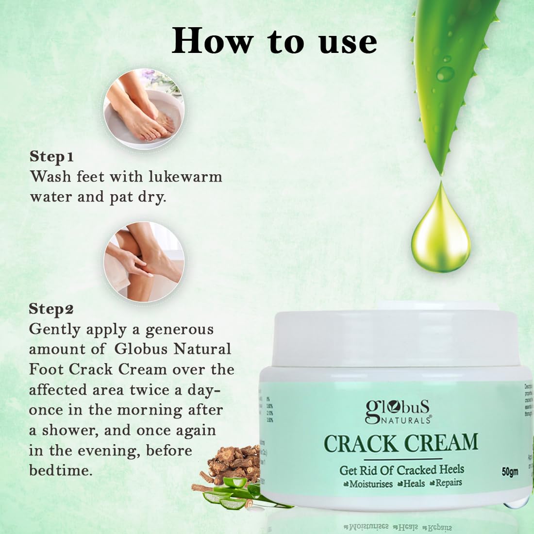 Globus Naturals Crack Cream For Dry Cracked Heels & Feet | Enriched With Aloevera | Neem | Anantmool 50g (Pack of 2)
