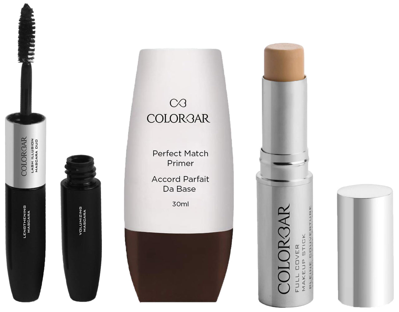 Colorbar New Perfect Match Primer, 30ml & Colorbar Full Cover Make Up Stick, SPF 30, Fresh Ivory, 9g & Colorbar Duo Mascara, Carbon Black, 4ml