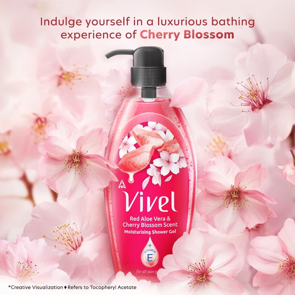 Vivel Red Aloe Vera & Cherry Blossom Scent Shower Gel, 895 ml, Moisturizing Body Wash, with Plant based Cleansers, Body wash Shower Gel for Women & Men, For All Skin Types