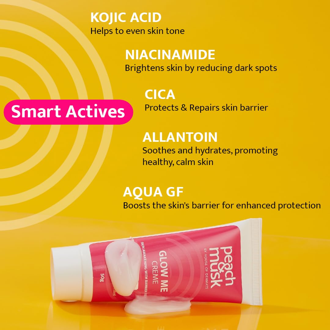 Peach and Musk Glow Me Moisturizing Face Cream, 1% Kojic Acid & Niacinamide, Daily Use Non-Greasy & Non-Sticky Formula, Reduce Dark Pigmentation, Uneven Skin tone, Suitable For Men & Women - 50gm