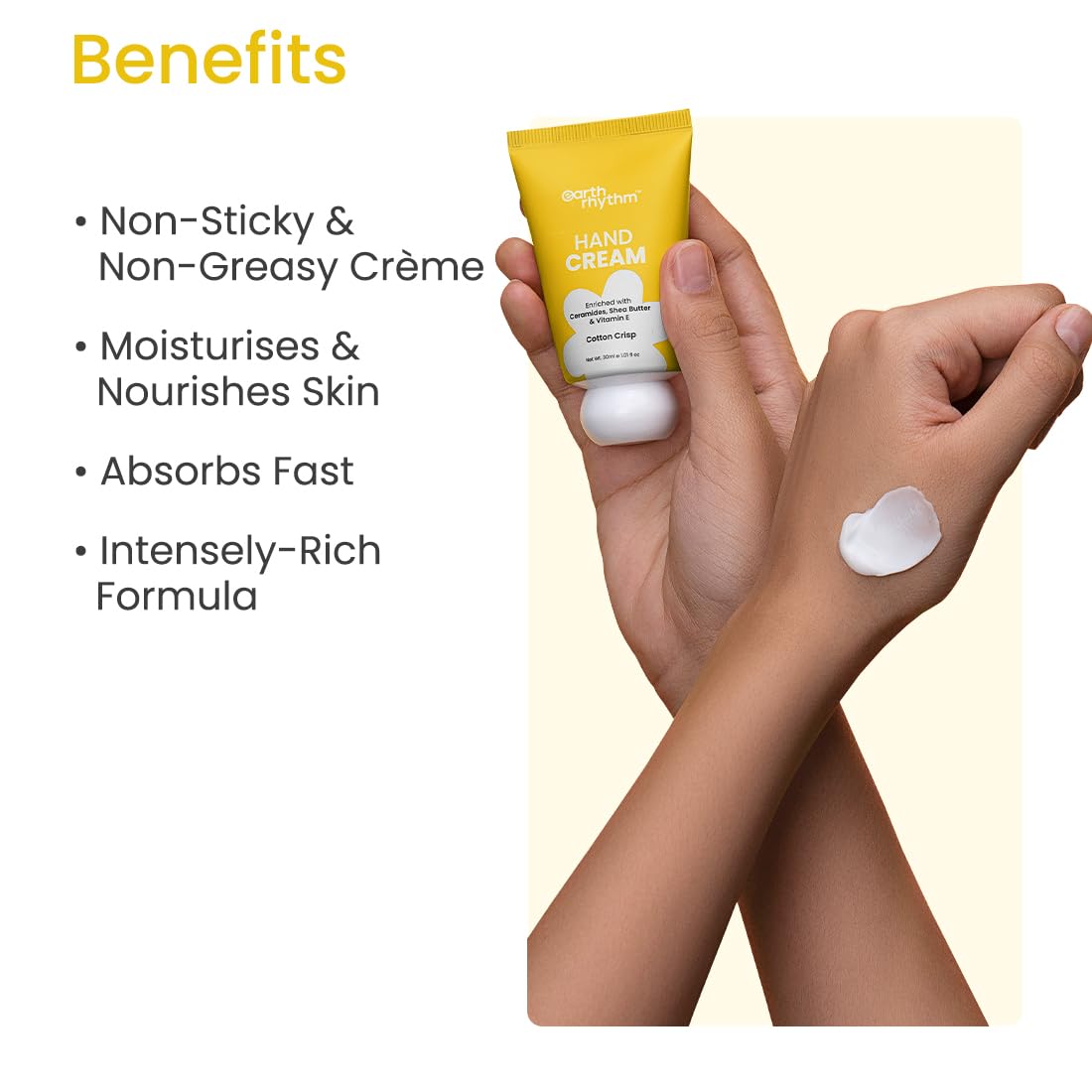 Earth Rhythm Hand Cream - Cotton Crisp for Dry & Rough Hands, Intense Moisturization Non Greasy, Fast Absorbing, Moisturizes, Enriched with Ceramides, Shea Butter, Cacao Seed Butter for Men & Women - 30ml