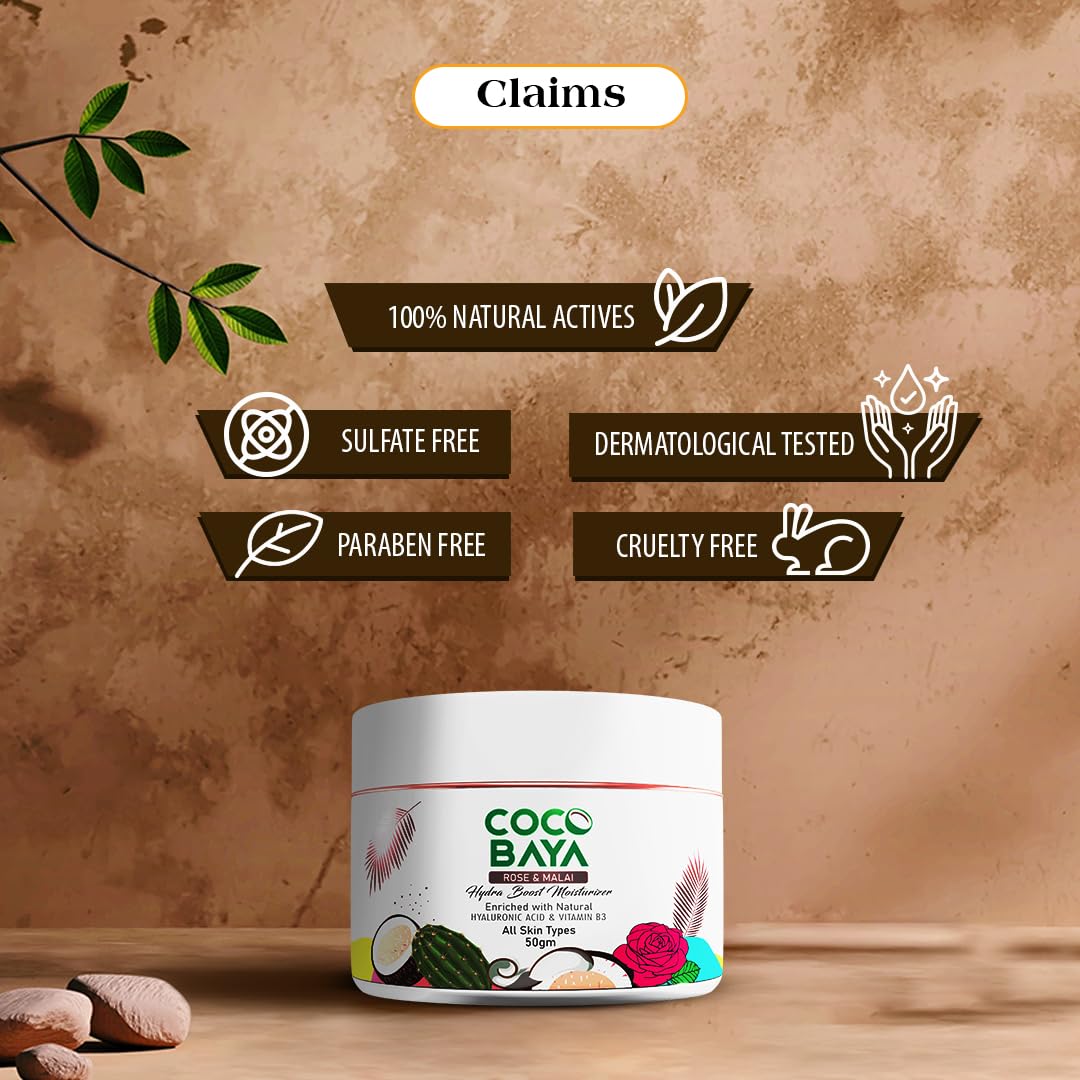Coco Baya Hydra Boost Moisturizer, Enriched With Rose, Malai, Natural Hyaluronic Acid & Vitamin B3, Moisturizer For All Skin Types, Helps Slow Down Any Signs Of Aging, 50 gm