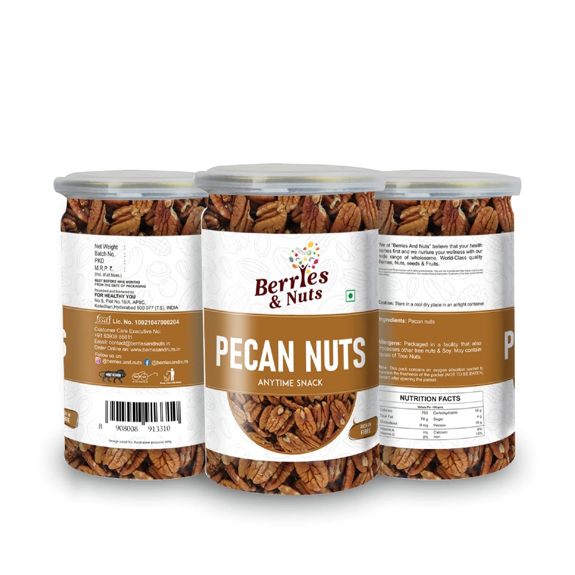 Berries And Nuts Premium American Pecan Nuts 300 Grams | Crunchy Nuts, Rich in Protein & Fibre, Pecans | 2 Bottle of 150 Grams