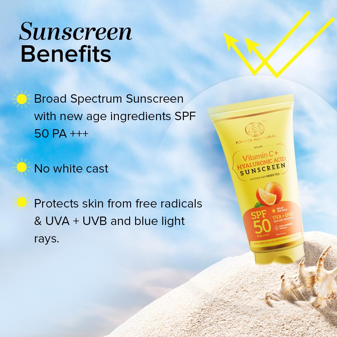 Khadi Natural Vitamin C + Hyaluronic Acid Sunscreen Aqua Gel Spf 50 Pa+++ & Watermelon & Niacinamide Sunscreen Aqua Gel Spf 50 Pa+++ Combo Pack For All Skin Types| (100Gm Each)