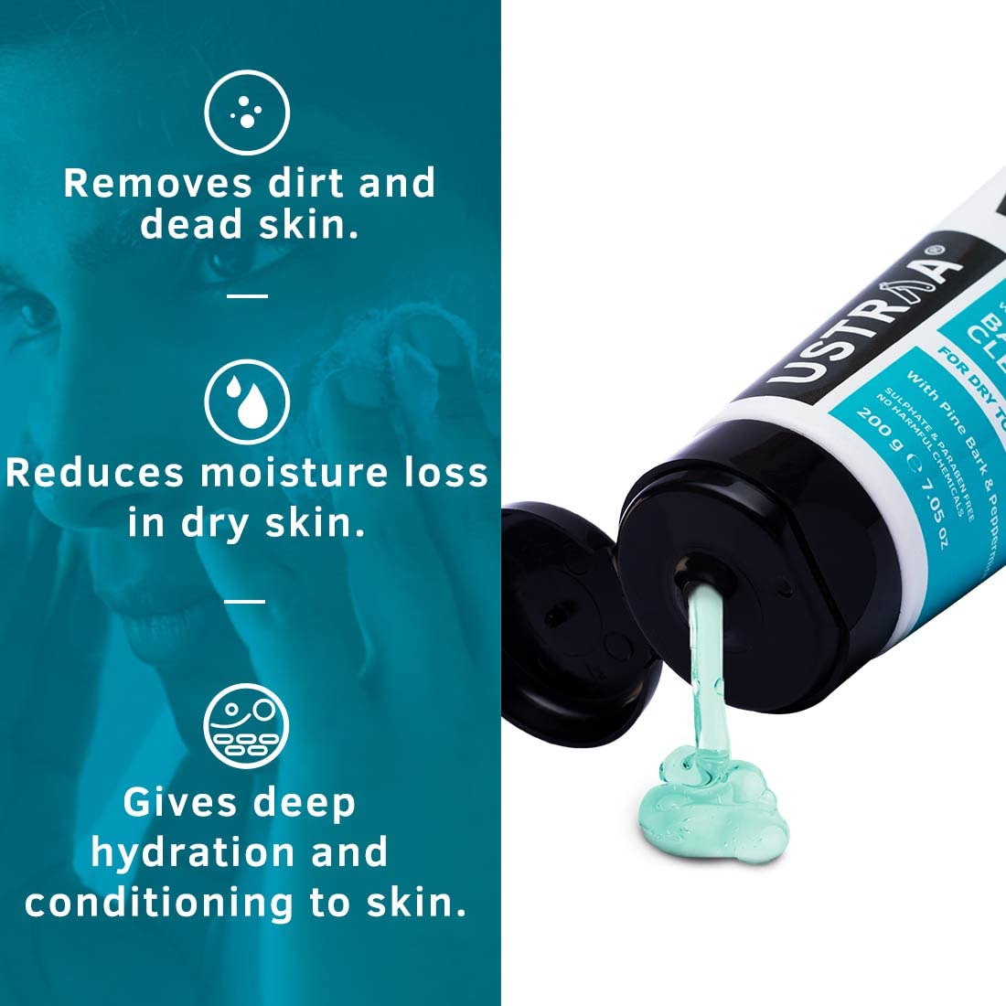Ustraa Face Wash - Mint Cool - For Dry to Normal Skin - 200g | Reduces Moisture Loss | Removes Dirt & Dead Skin | with Pine Bark & Peppermint | NO SLS, NO PARABEN