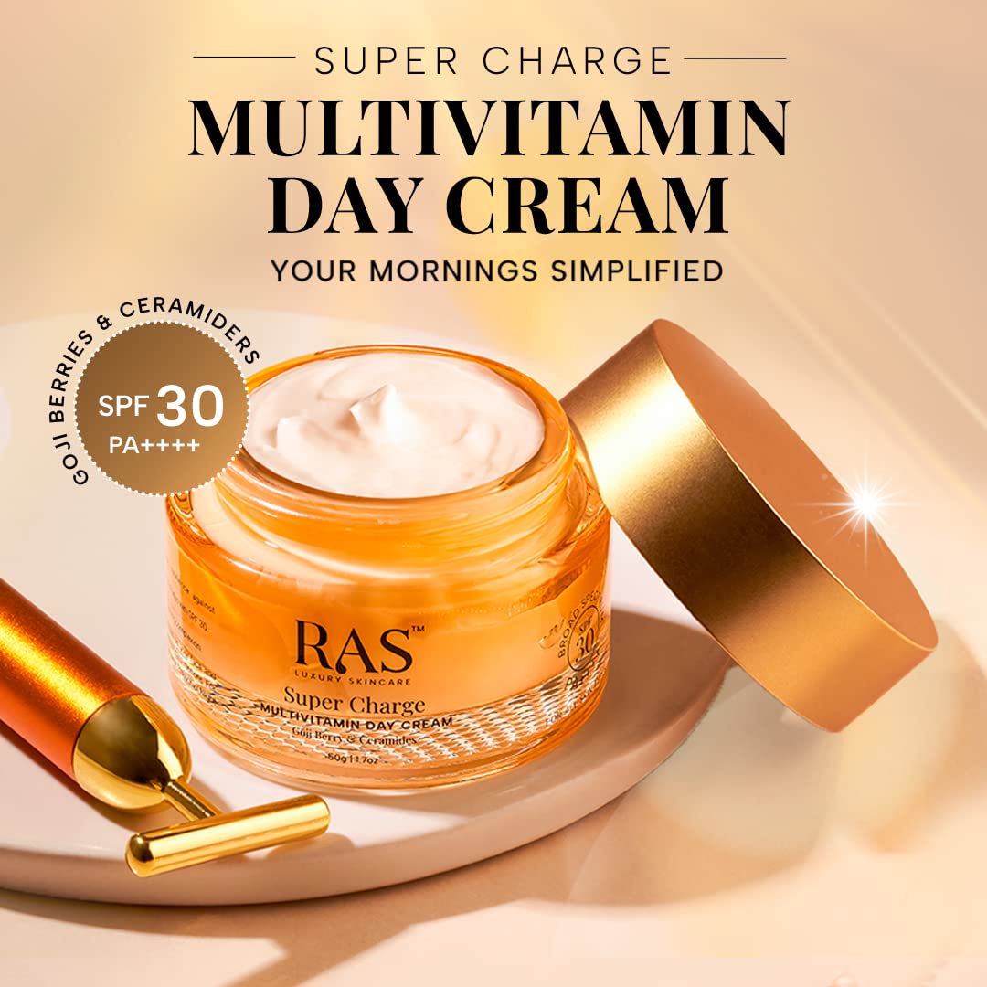 Ras Luxury Oils Super Charge Day Cream with SPF 30 PA++++ Goji Berry & Ceramides | Moisturizer for Glowing Skin with 72HR Hydration | For Skin Brightening | Normal, Oily, Dry & Combination Skin |50gm