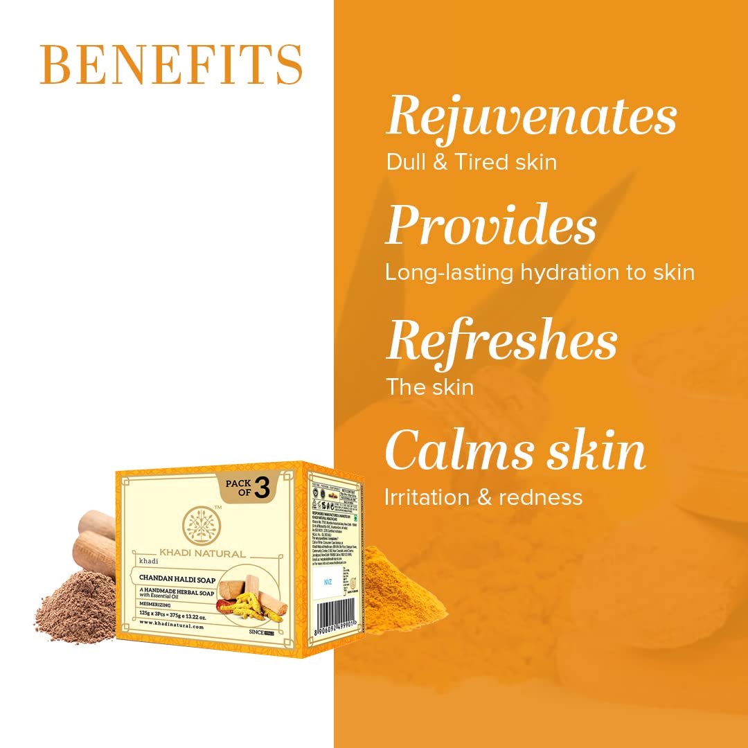 Khadi Natural Chandan Haldi Soap | Herbal Bathing Soap for Glowing Skin | Natural Soap with Essential Oils | Anti-Ageing Soap | Suitable for All Skin Types|Pack of 3 | (125gm *3) (375gm)