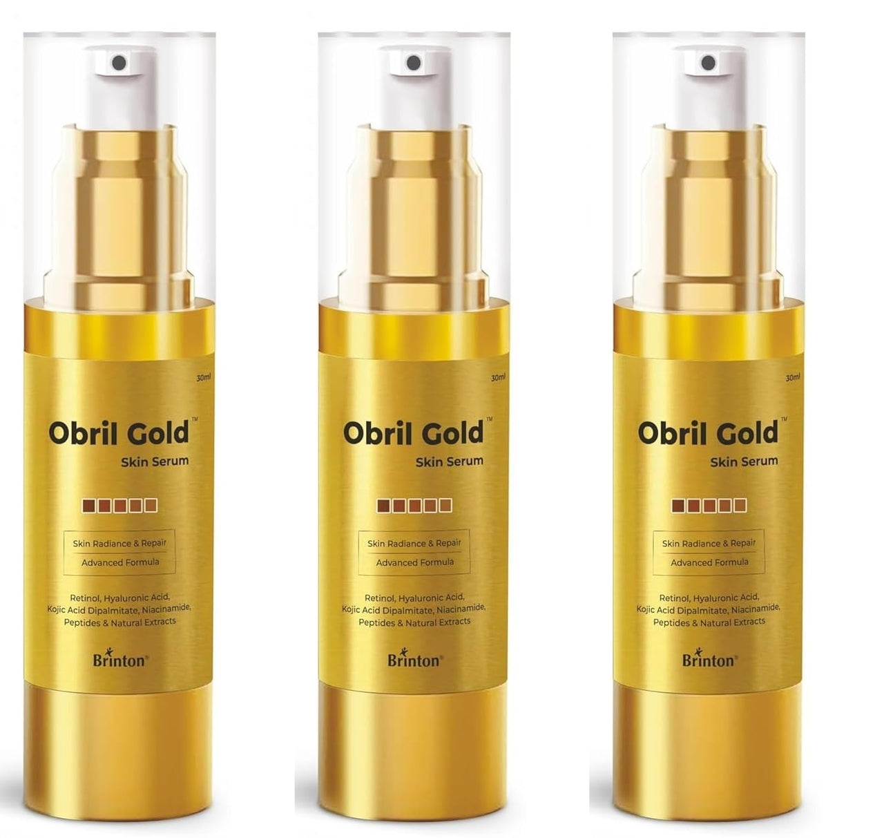 Brinton Obril Gold Skin Serum for Hyperpigmentation with Hyaluronic Acid for Dark Spot Removal, Tan & Acne Marks | Reduces Wrinkles & Fine Lines - 30ml x Pack of 3