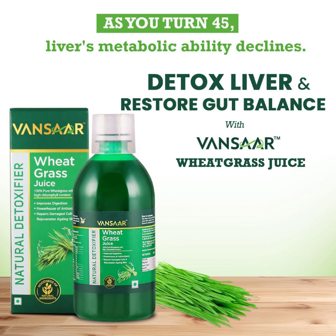 Vansaar Wheatgrass Juice, 500 ml | Natural Liver detox & Gut cleanser Juice | Superfood for Weight & Cholesterol management | 100% Ayurvedic