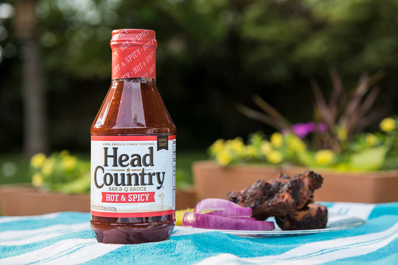 Head Country Bar-B-Q Sauce, Hot & Spicy | Soy Free, Gluten Free Spicy BBQ Sauce With No Added Preservatives | Spicy & Tangy Championship Barbecue Sauce For Pizza, Spuds & Wings | 20 Ounce, Pack of 1