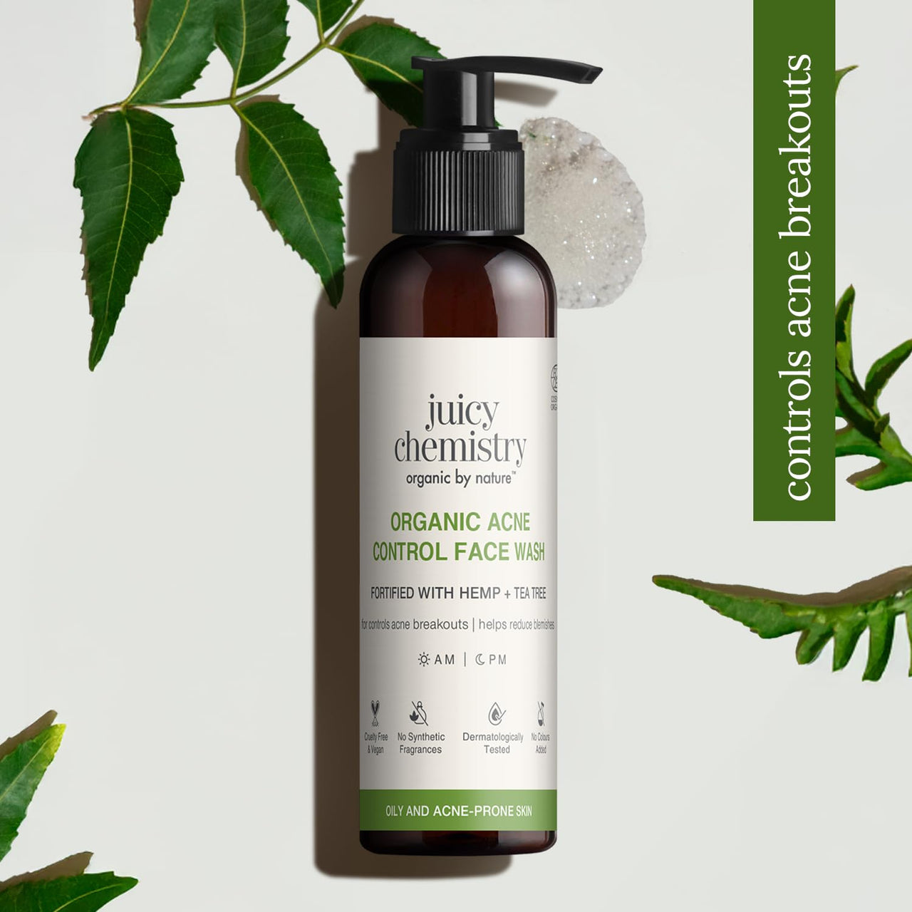 Juicy Chemistry Organic Acne Control Face Wash, 110 ml | Hemp, Tea Tree & Neem Face Cleanser for Acne-prone, Oily, Coimbination Skin | Blemish Control & Purifying Face Wash | Cruelty-free & 100% Vegan