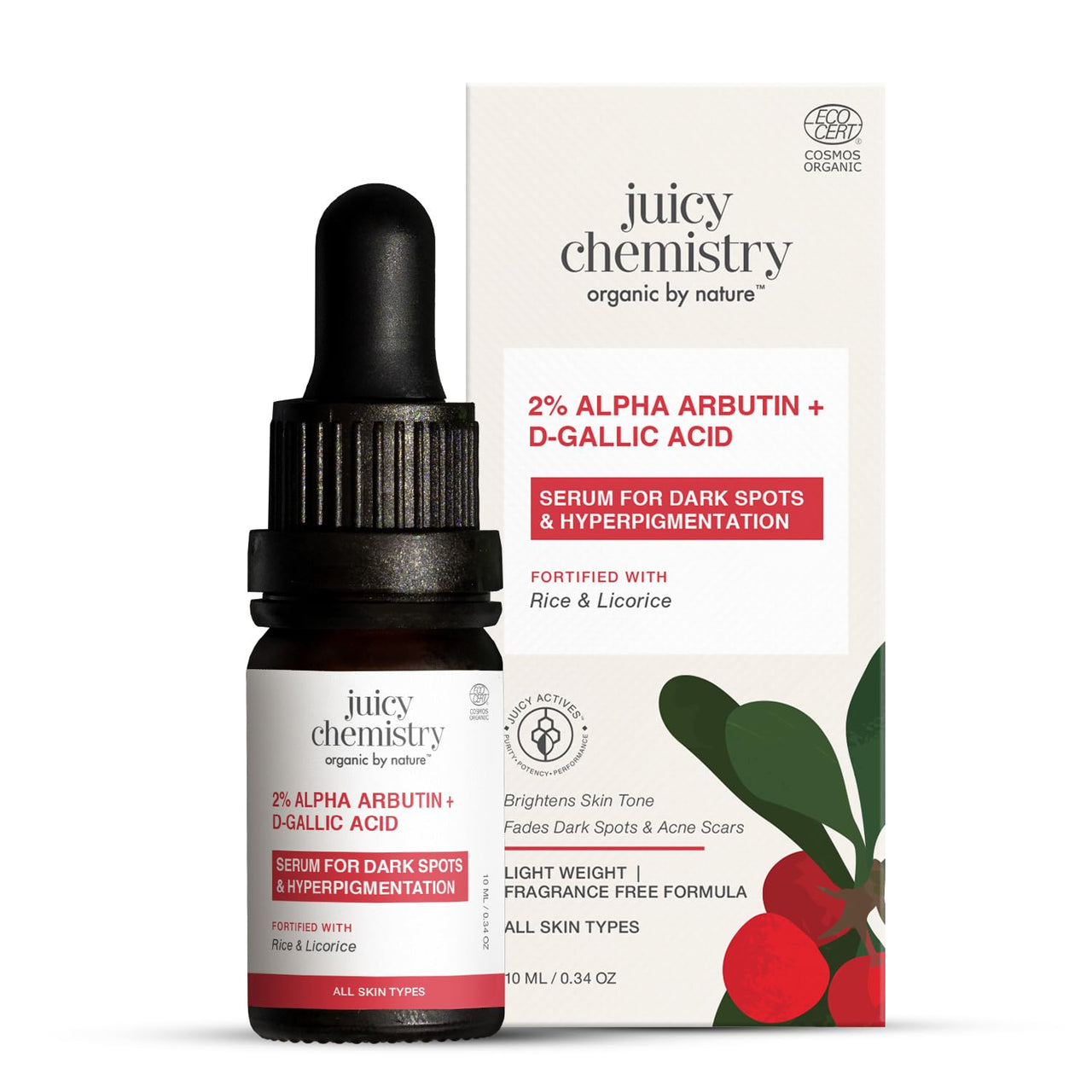Juicy Chemistry 2% Alpha Arbutin + D-Gallic Acid Face Serum, 10 ml | Brightens Skin & Reduces Hyperpigmentation | Fades Dark Spots & Acne Marks | For Men, Women | Certified Organic