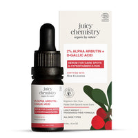Juicy Chemistry 2% Alpha Arbutin + D-Gallic Acid Face Serum, 10 ml | Brightens Skin & Reduces Hyperpigmentation | Fades Dark Spots & Acne Marks | For Men, Women | Certified Organic