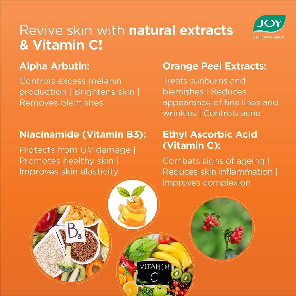 Joy Vitamin C Gel | Glow Reviving & Skin Brightening Gel | With Orange Peel extract, Alpha-arbutin, Anti Tan, Sun Protection, Skin Moisturizer for Face & Body, No Parabens | For All Skin Types 300 ml