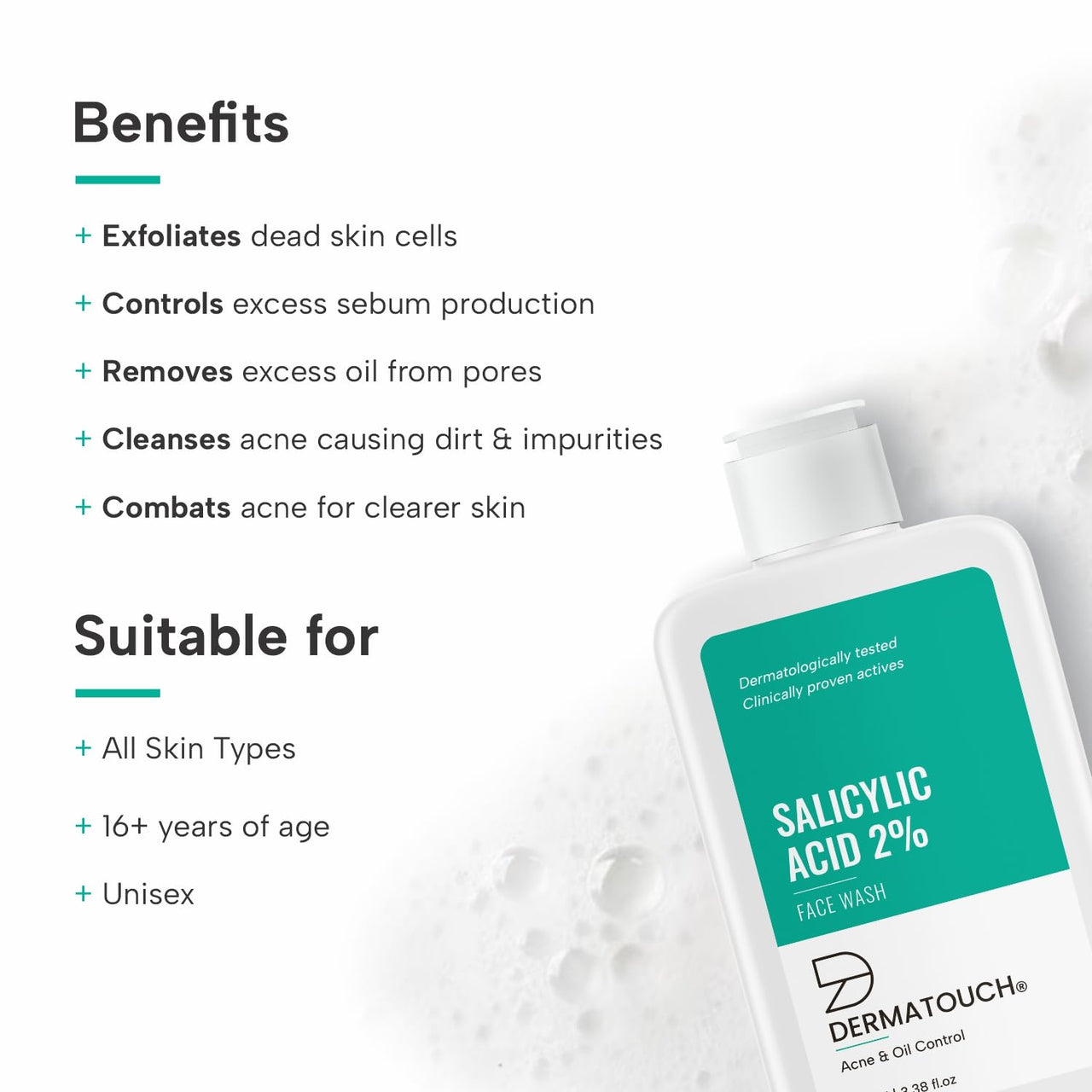 DERMATOUCH Salicylic Acid 2% Face Wash | For Acne & Oil Control | Suitable to All Skin Types | For both Men & Women | 100ML(Pack of 3)