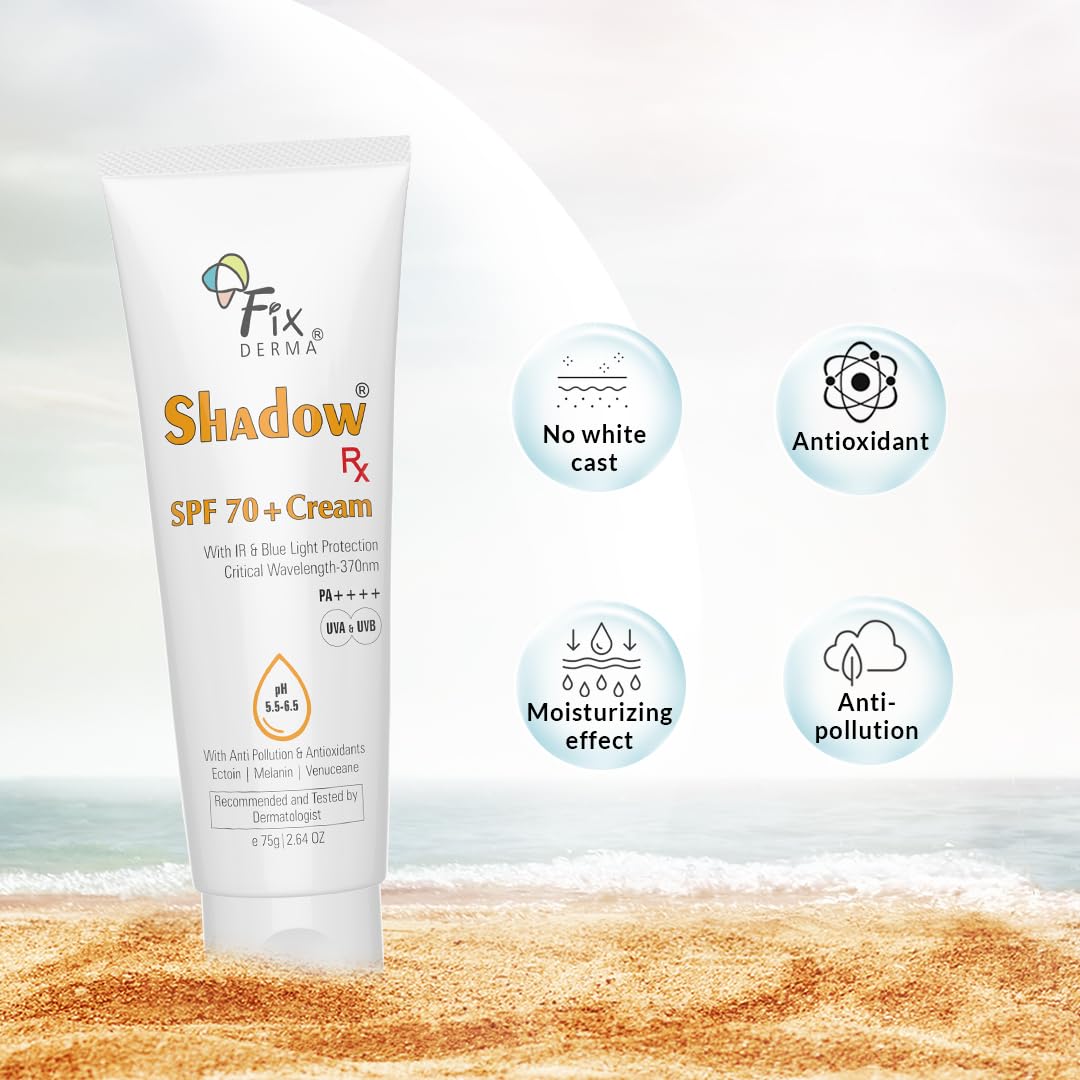 Fixderma Shadow RX Sunscreen SPF 70+ Cream | Sunscreen for Dry Skin | Sunblock SPF 70 | Hybrid Sunscreen with UVA & UVB Filters, Antioxidants, IR Protection and Blue Light Protection - 75gm