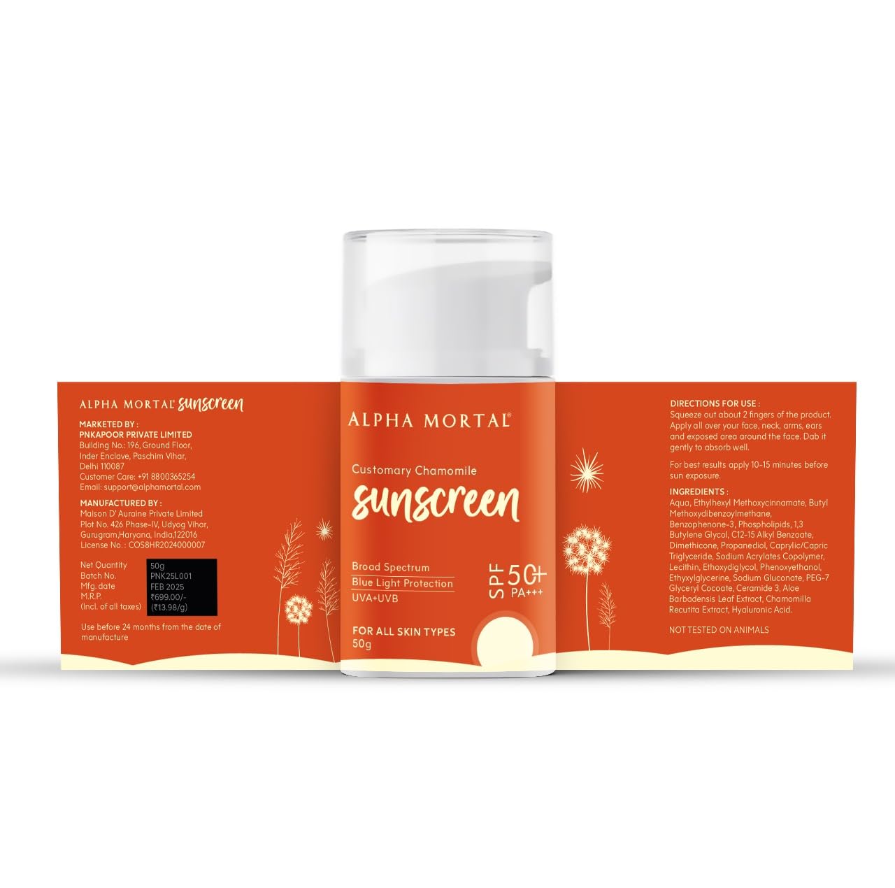 Alpha Mortal Sunscreen Gel SPF 50 PA+++ | Non-Greasy, No White Cast | Blue Light, UVA & UVB Protection | For All Skin Types | Lightweight Formula with Chamomile | 50g