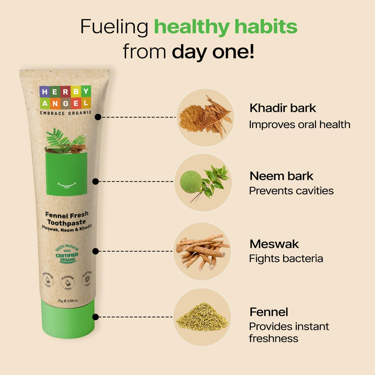 Herby Angel Fennel Fresh Baby Toothpaste for Strong Teeth, Healthy Gums & Cavity Protection - 100% Natural & Organic Tooth Paste for Kids Ages 12 Months & Above (25 GM) (Pack of 1)