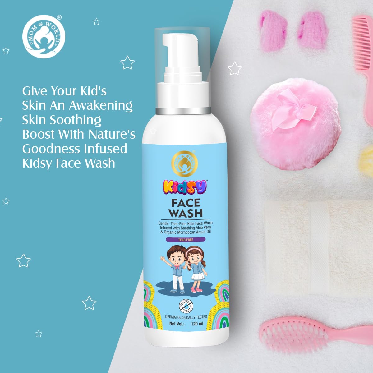 Mom & World Kidsy Face Wash Tear Free, 120ml (No SLS, Paraben) - With Argan OIl, Aloevera