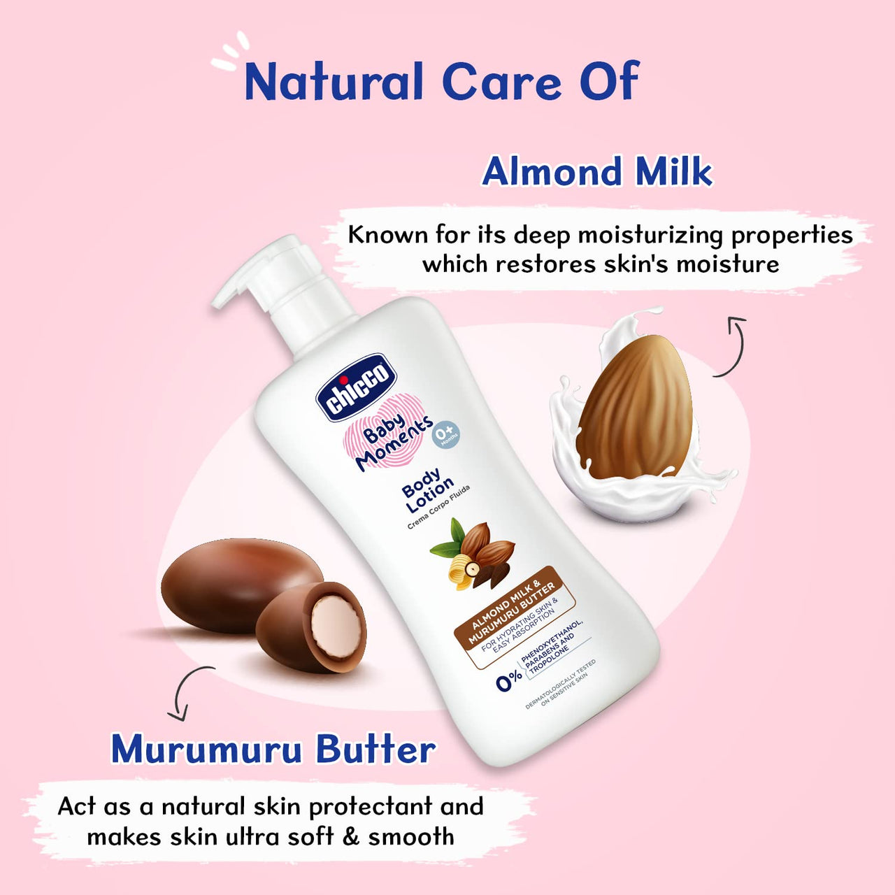 Chicco Baby Moments Body Lotion for Babies|Almond Milk & Murumuru Butter, 100ml|Quick Absorb Formula with Natural Ingredients for Ultra Soft Skin|Dermatologically Tested|Parabens & Phenoxyethanol Free