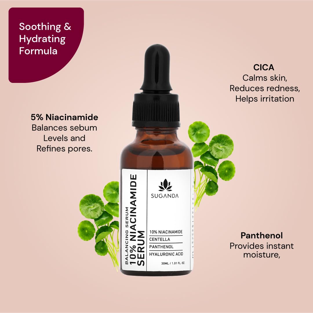 SUGANDA SKINCARE 10% Niacinamide Serum With Hyaluronic Acid And Centella, For Oily Skin And Open Pores, Acne And Dark Spots, Face Serum For Dry Skin, All Skin Types, Men & Women, 30Ml, Cruelty Free