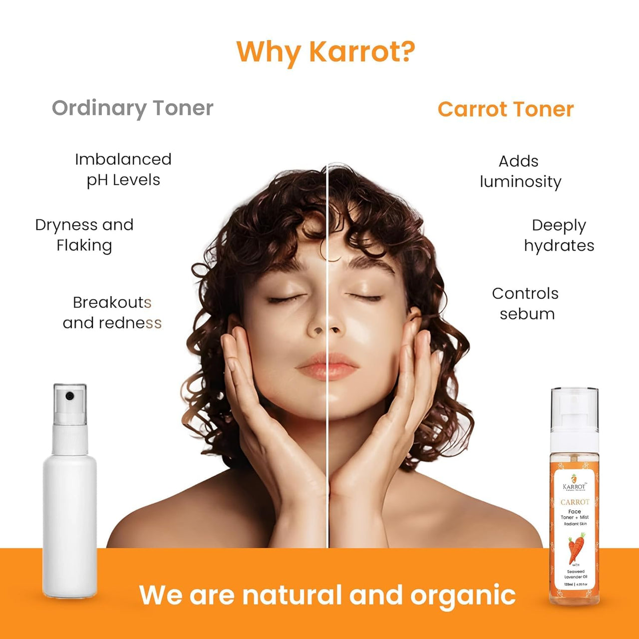 Karrot Natural Skincare Hydrating Face Toner, Carrot Face Spray Mist for Boosting Radiance, Contains Seaweed and Green Tea, SLS and Paraben Free, For Women and Men, All Skin Types, 120ml