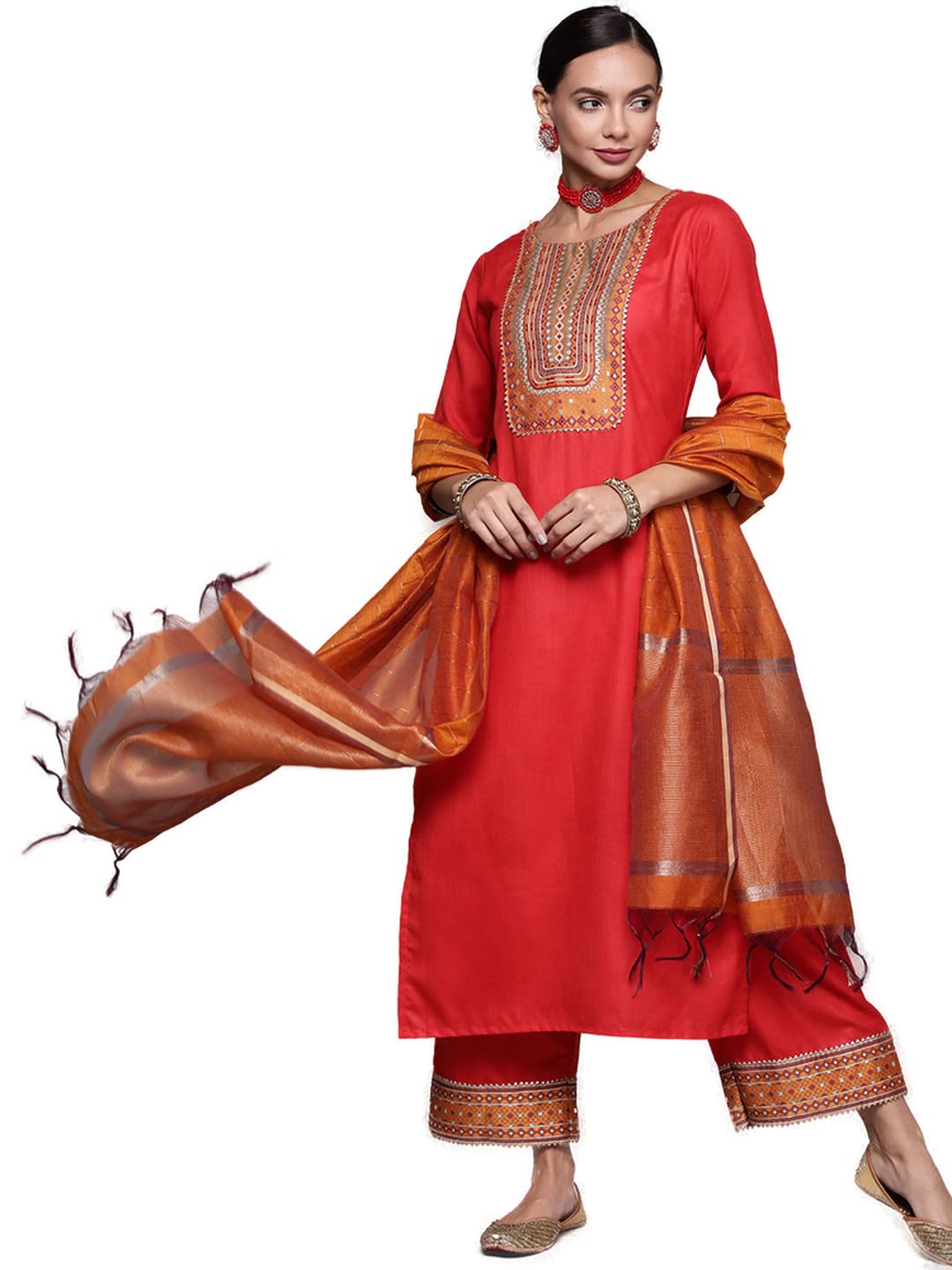 INDO ERA Women's  Solid Cotton Blend Straight Kurta Palazzo With Dupatta Set