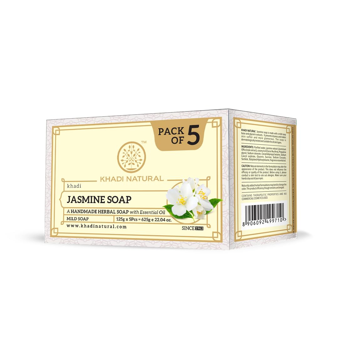 Khadi Natural Natural Jasmine Soap |Herbal Bathing Soap for Healthy Skin|Natural soap with essential oils|Stress-relieving properties| Suitable for All Skin Types | (Pack of 5) (5x125 g) (625 g)