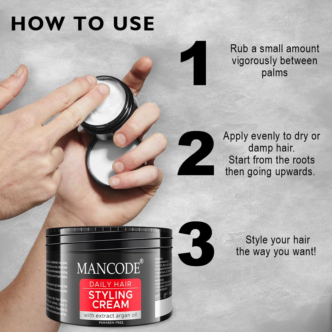 Mancode Hair Styling Cream For Men - 100 gr | For Daily Use Style & Nourishment | Non-sticky, Non-oily | Paraben & Sulphate FREE | Itch Free Daily Hair Cream | UV Protect & Care | Soft & Manageable Hair