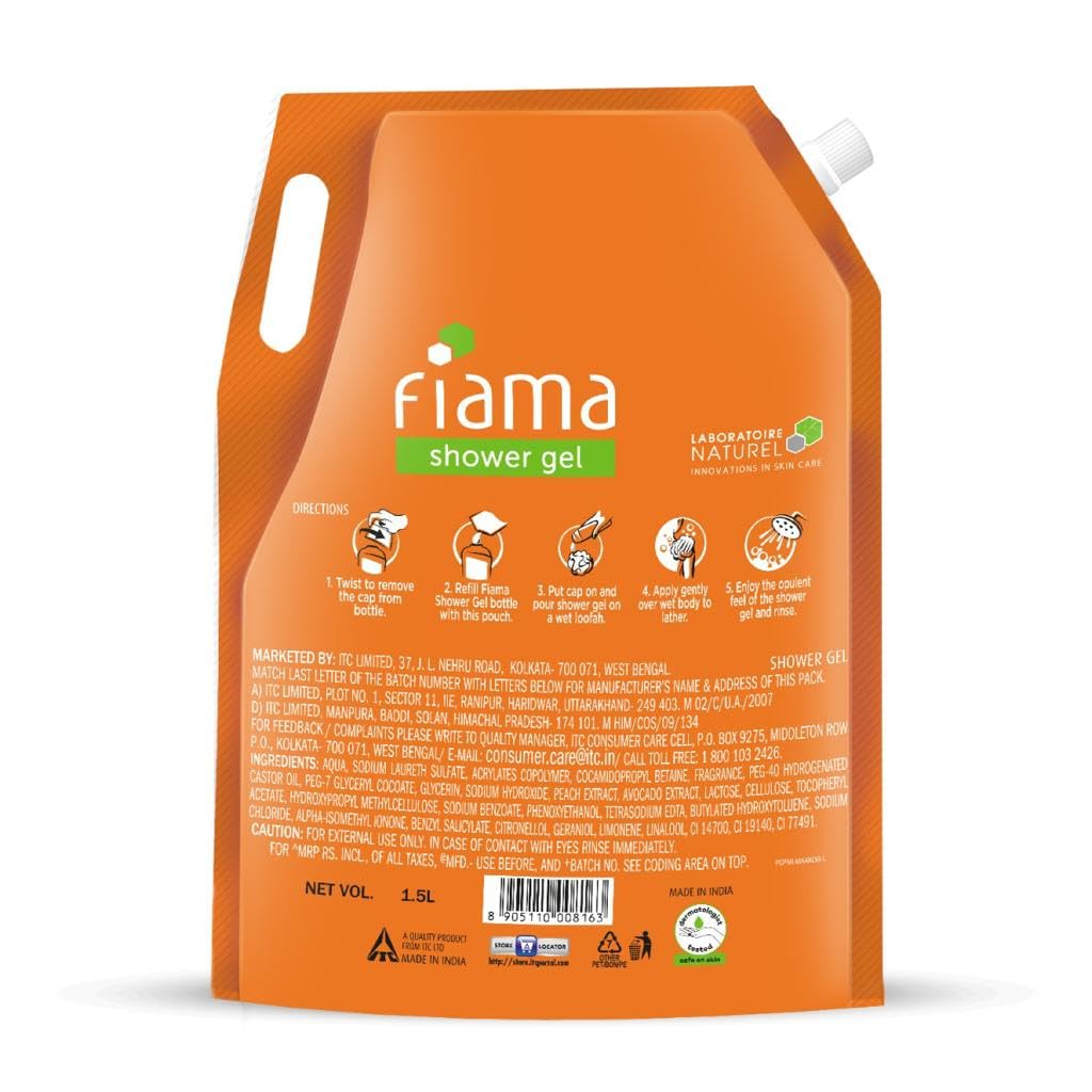 Fiama Body Wash Shower Gel Peach & Avocado, 1.5L Bodywash Refill Value Pouch for Women & Men with Skin Conditioners for Soft & Moisturised Skin, Suitable for All Skin Types