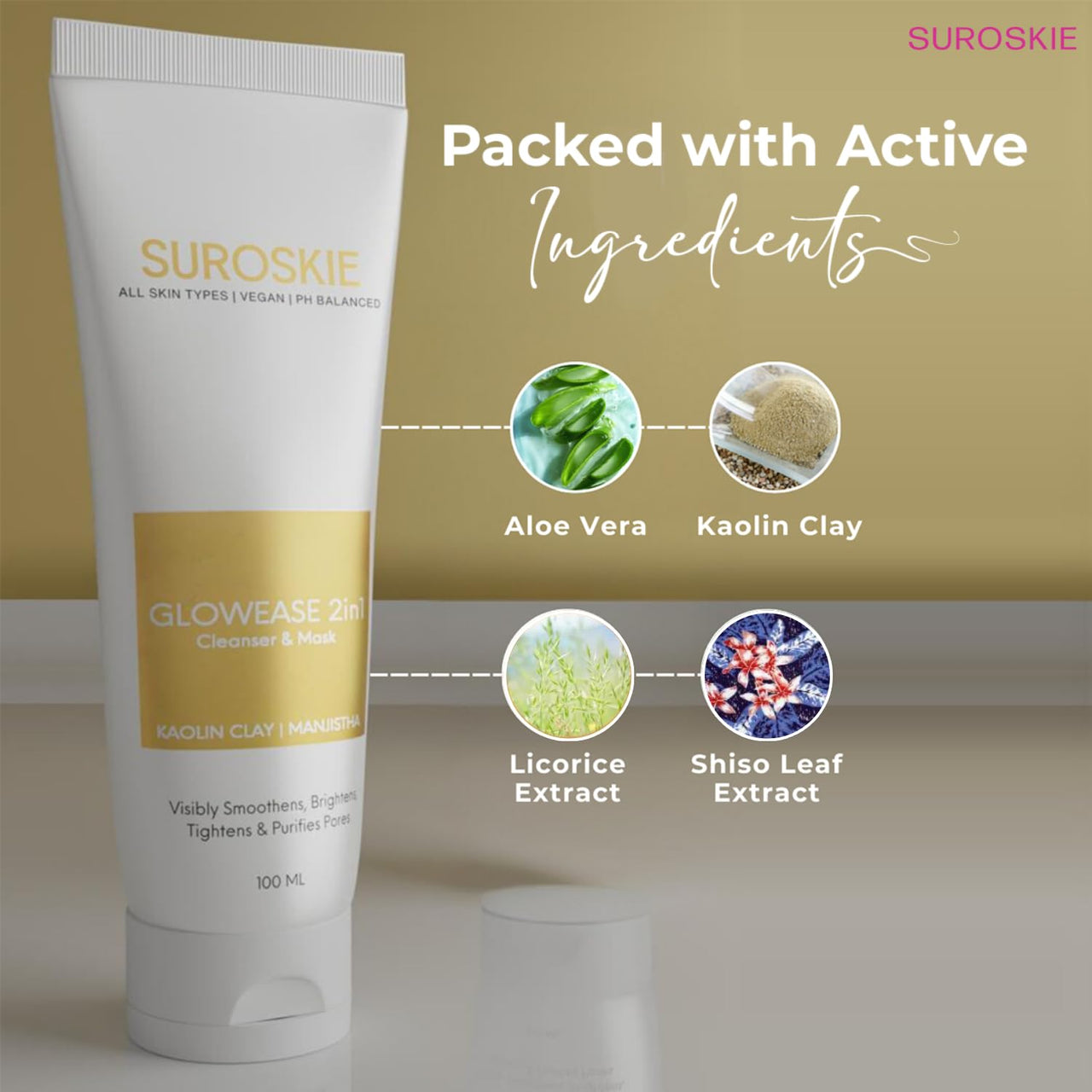 Suroskie Glowease 2-In-1 Cleanser & Mask 100 Ml | Aloe Vera & Kaolin Clay | Deep Cleansing Face Wash For Hydrated, Glowing & Brighten Skin | Korean Skincare Product For Sagging & Dullness Men & Women