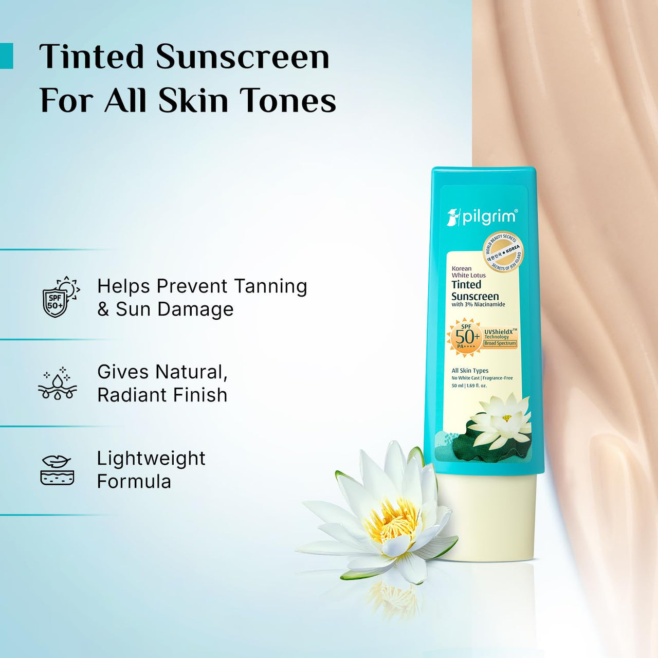Pilgrim Korean White Lotus Tinted Sunscreen SPF 50+ PA++++ with 3% Niacinamide | No White Cast |Prevents Tanning | Lightweight | For All Skin Types | For Women and Men | 50ml