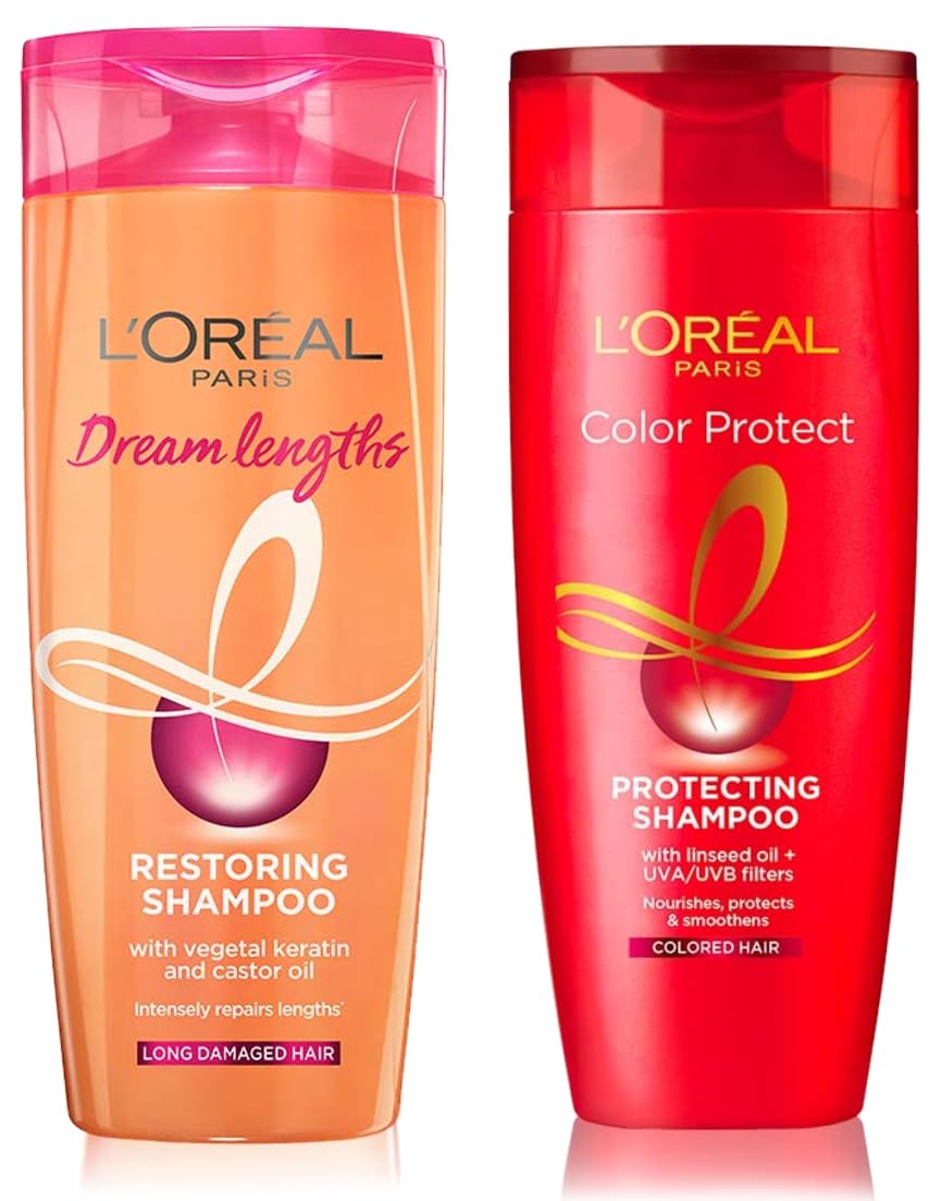 L'Oréal Paris Shampoo, Vibrant & Revived Colour, 180 ml & L'Oréal Paris Shampoo, Nourishes, Repair & Shine, For Long and Lifeless Hair, Dream Lengths, 180 ml