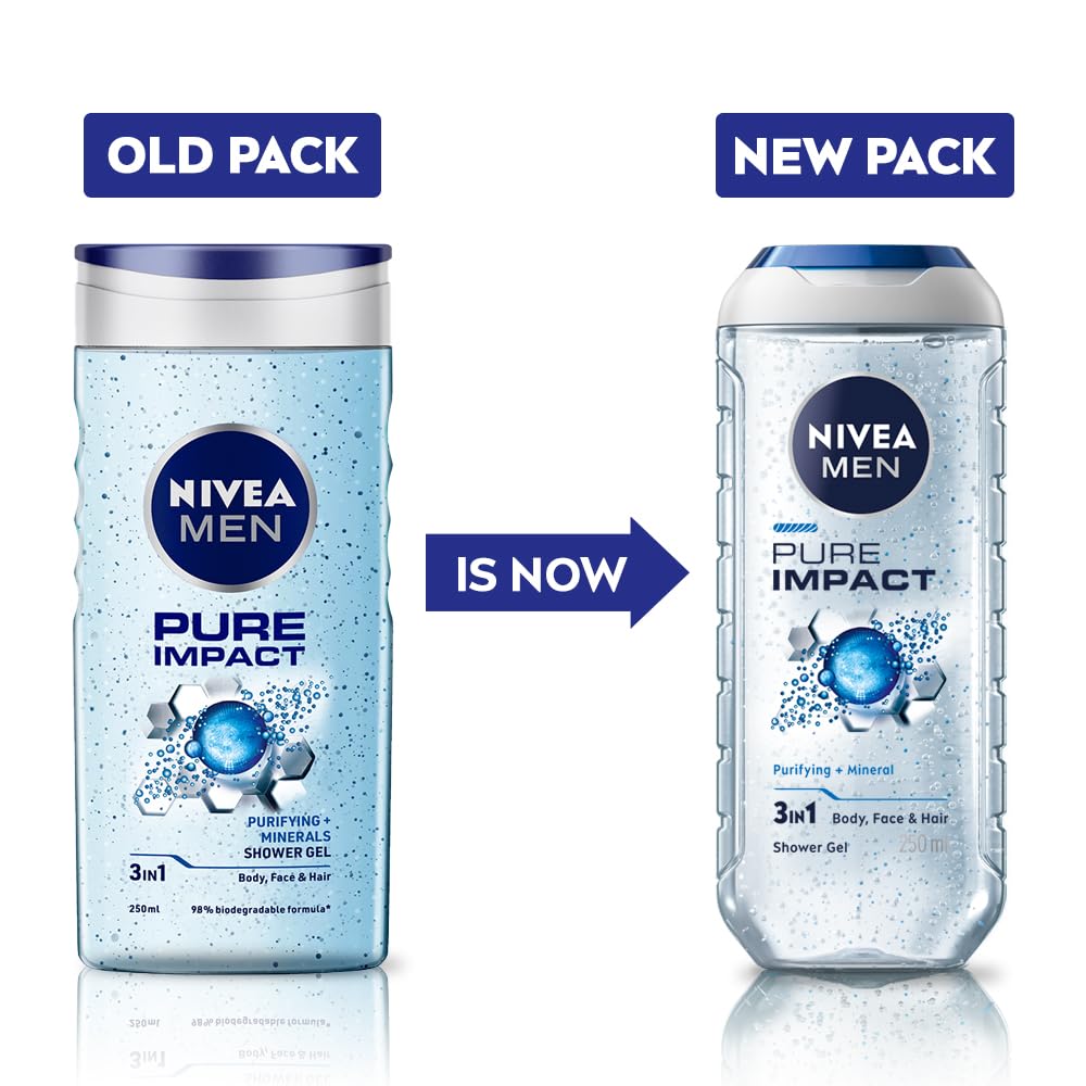 NIVEA MEN Pure Impact Shower Gel, 250ml, (Hair, Face & Body Wash)