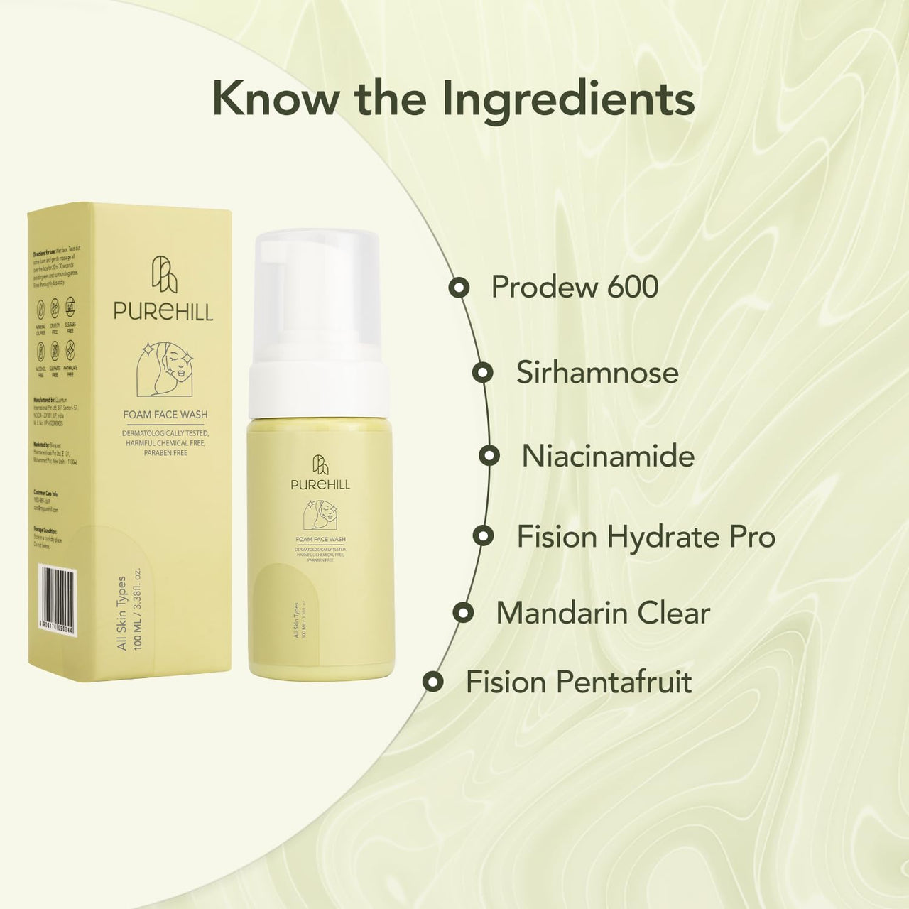 Purehill Foam Face Wash with Mandarin and Niacinamide for Clear, Bright and Flawless Skin Suitable for All Skin Types, 100 ML